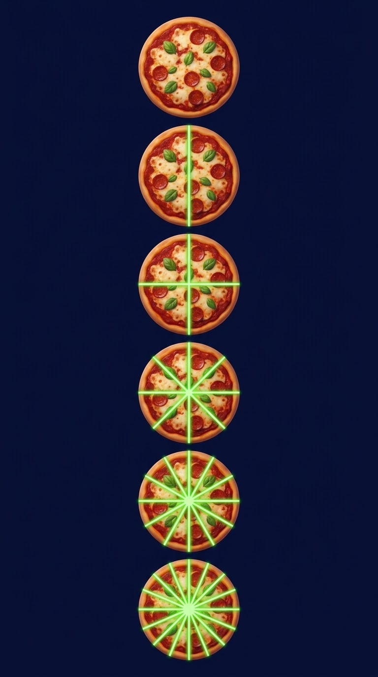 A pizza shown whole, then cut into halves, quarters, eighths, triplets, and sixteenths