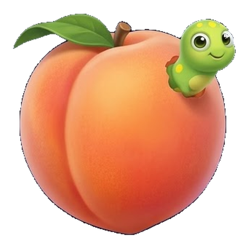 Pomi the caterpillar perched on a glowing ripe peach